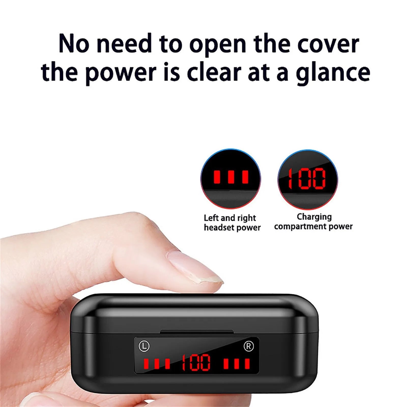 V7 LED button version wireless Bluetooth 5.0 earplug headset with charging box and spare ear caps.