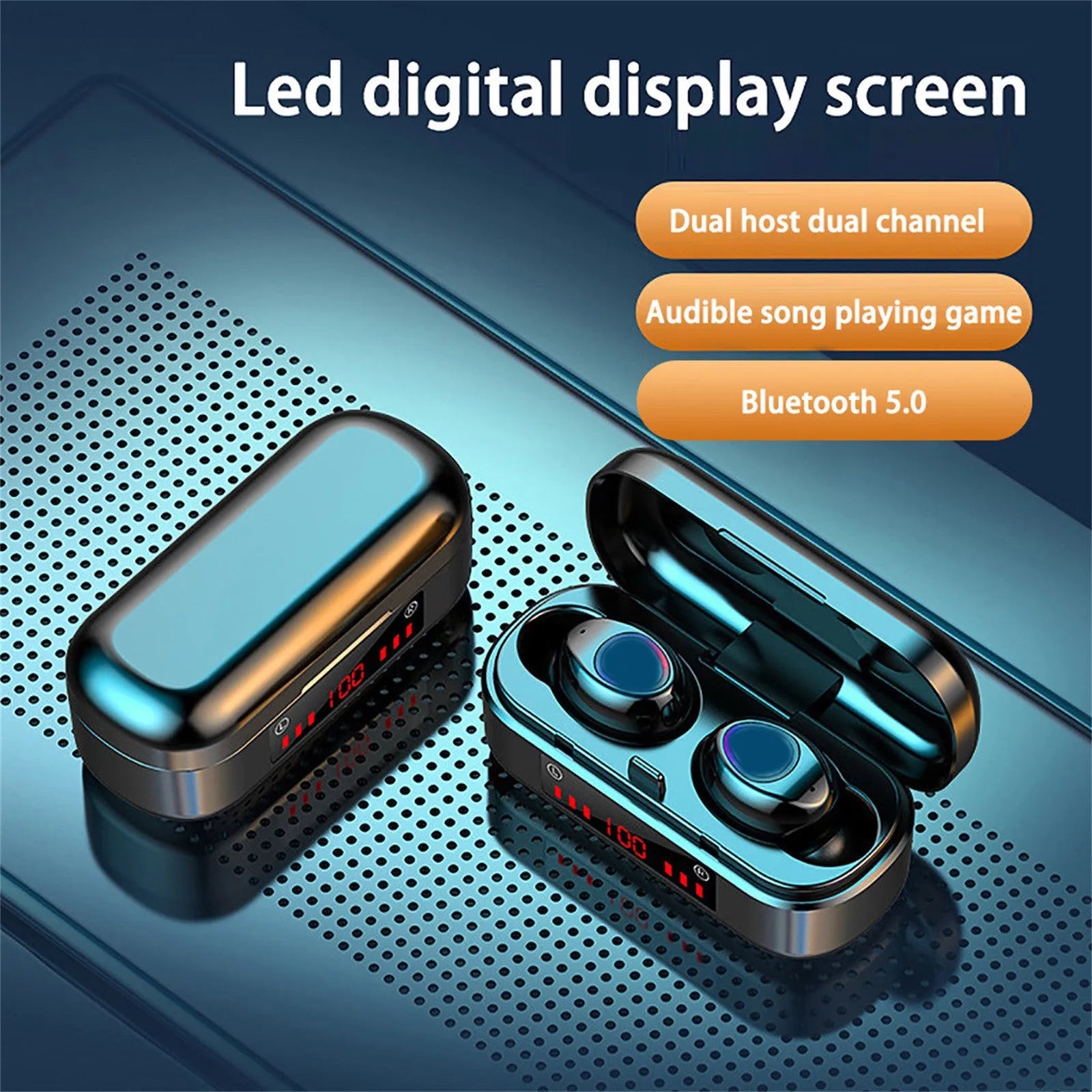 V7 LED button version wireless Bluetooth 5.0 earplug headset with charging box and spare ear caps.