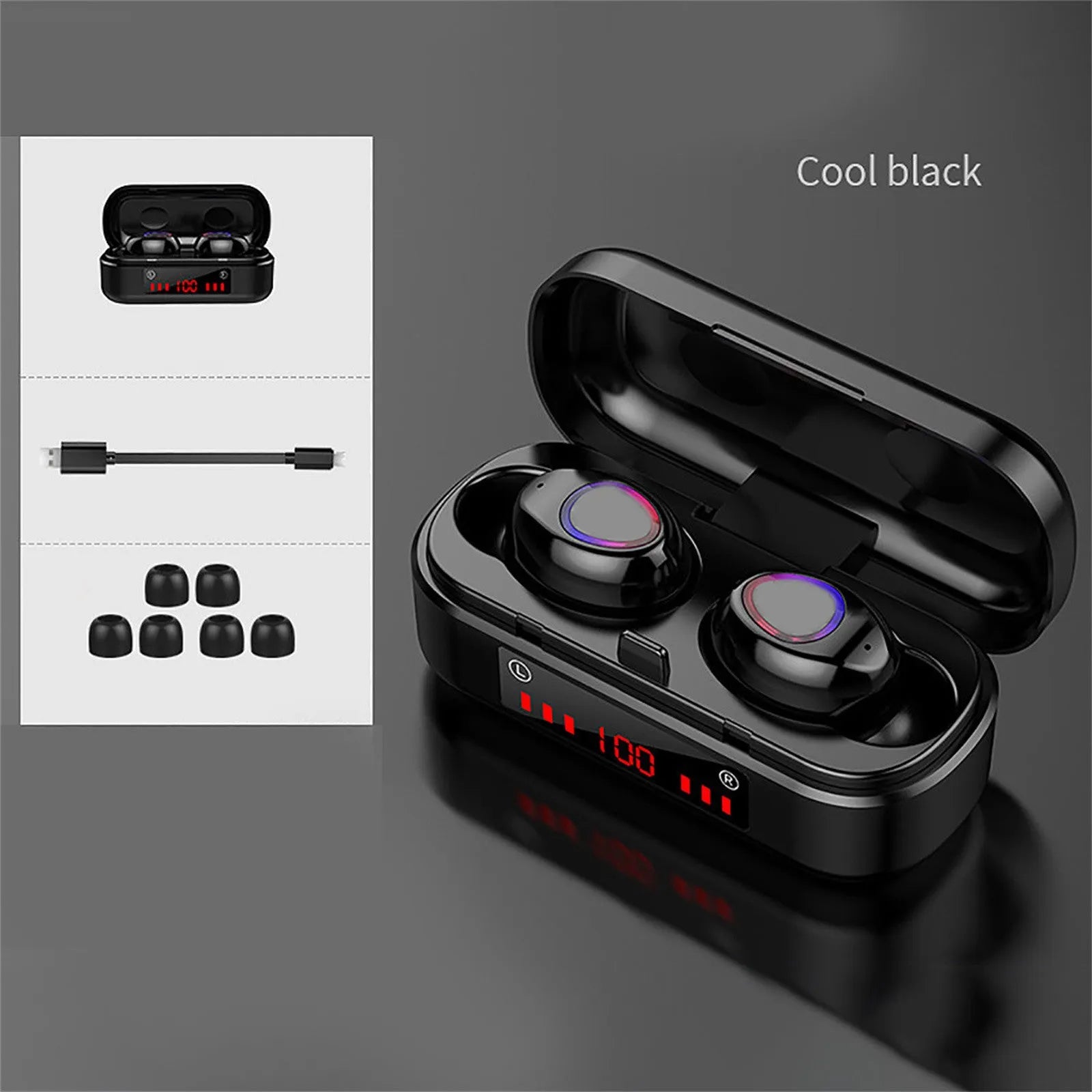 V7 LED button version wireless Bluetooth 5.0 earplug headset with charging box and spare ear caps.