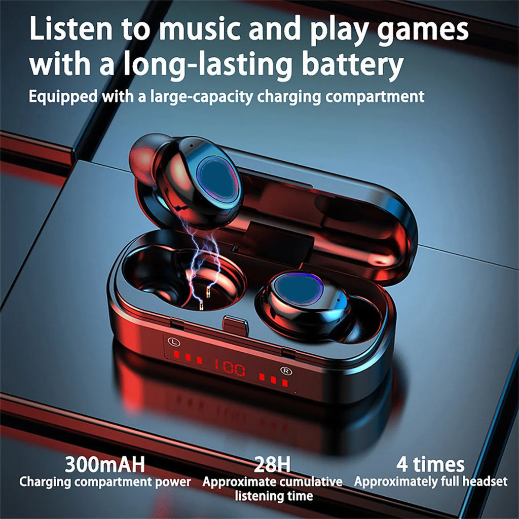 V7 LED button version wireless Bluetooth 5.0 earplug headset with charging box and spare ear caps.