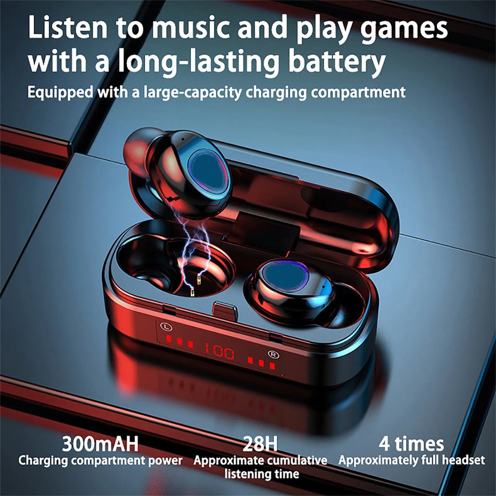 V7 LED button version wireless Bluetooth 5.0 earplug headset with charging box and spare ear caps.