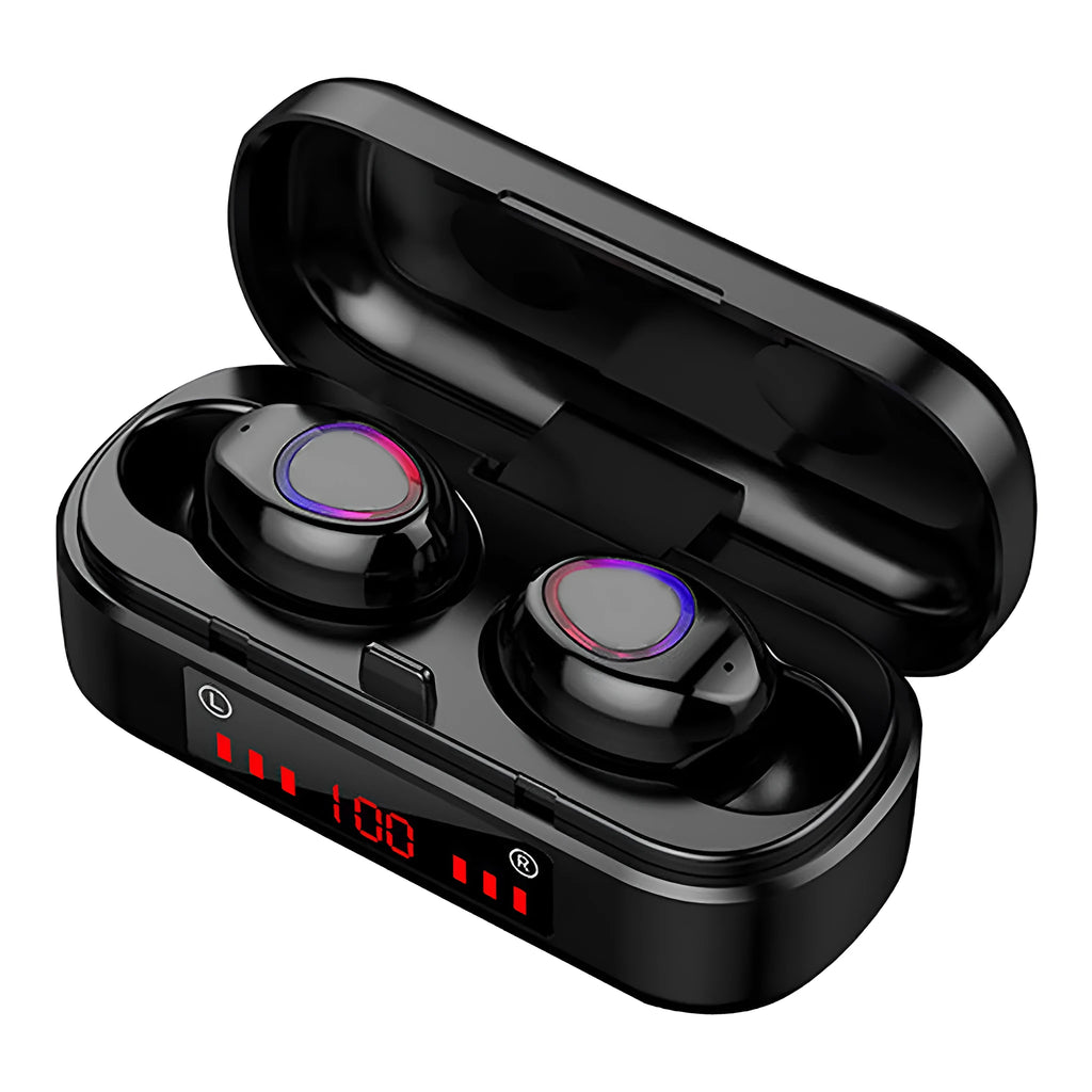 V7 LED button version wireless Bluetooth 5.0 earplug headset with charging box and spare ear caps.