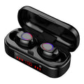 V7 LED button version wireless Bluetooth 5.0 earplug headset with charging box and spare ear caps.