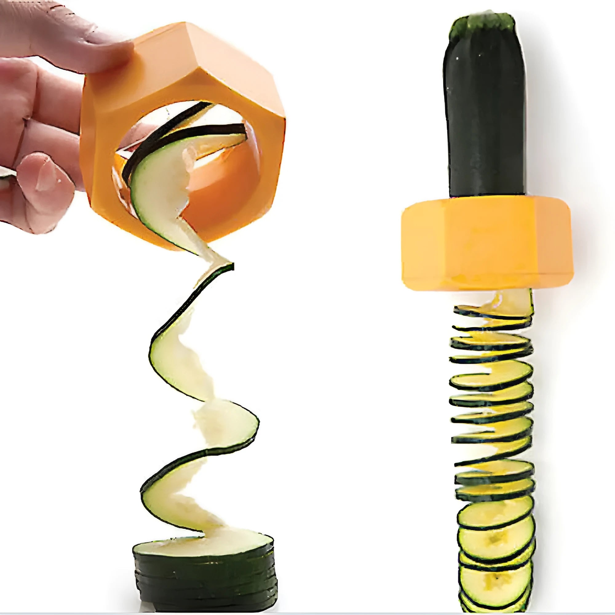 Yellow and green spiral vegetable cutter with food-grade plastic construction
