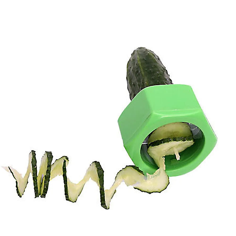 Yellow and green spiral vegetable cutter with food-grade plastic construction