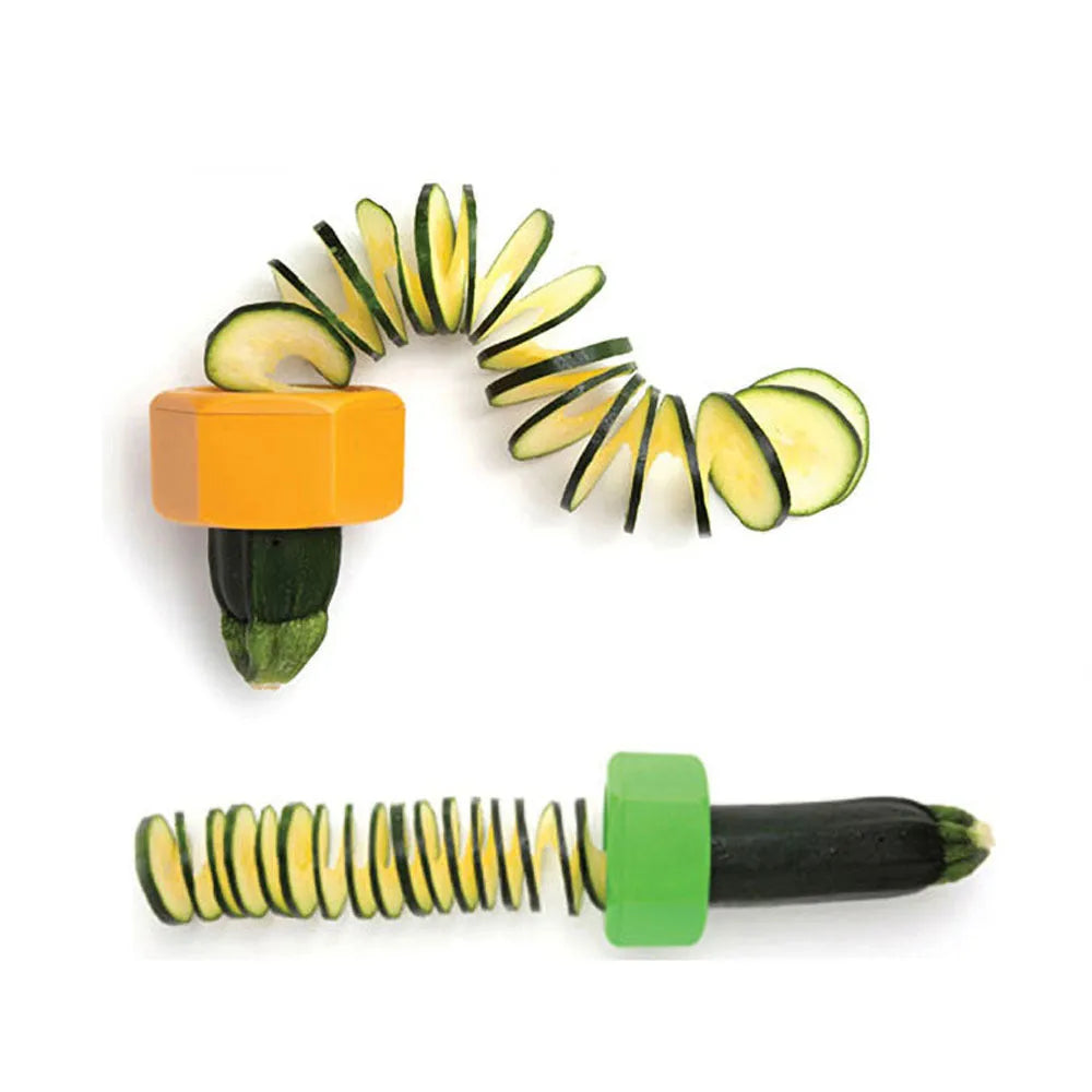 Yellow and green spiral vegetable cutter with food-grade plastic construction