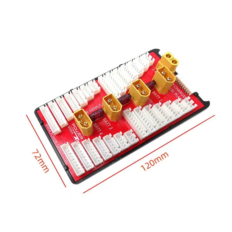Red V2 parallel charge board with gold-plated connectors and silicone T-plug cap for charging 4 RC battery packs