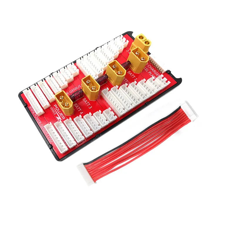 Red V2 parallel charge board with gold-plated connectors and silicone T-plug cap for charging 4 RC battery packs
