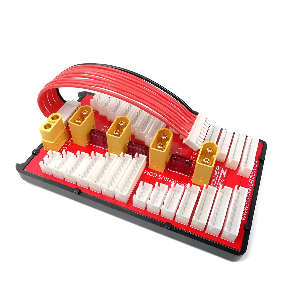 Red V2 parallel charge board with gold-plated connectors and silicone T-plug cap for charging 4 RC battery packs
