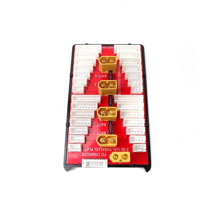 Red V2 parallel charge board with gold-plated connectors and silicone T-plug cap for charging 4 RC battery packs