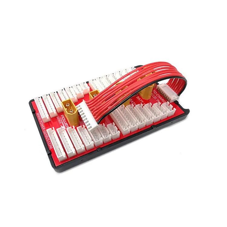 Red V2 parallel charge board with gold-plated connectors and silicone T-plug cap for charging 4 RC battery packs
