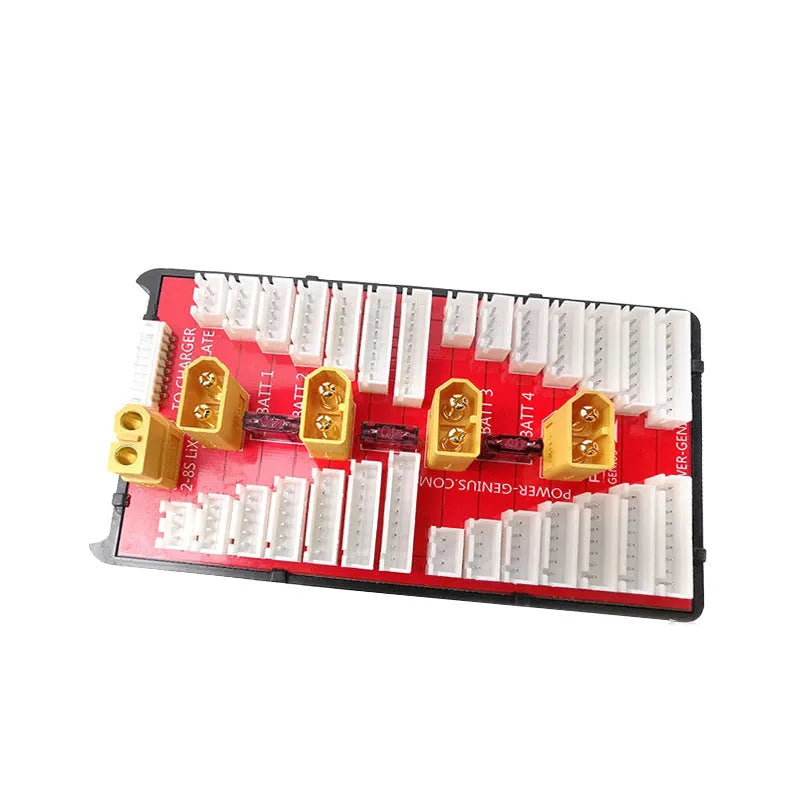 Red V2 parallel charge board with gold-plated connectors and silicone T-plug cap for charging 4 RC battery packs