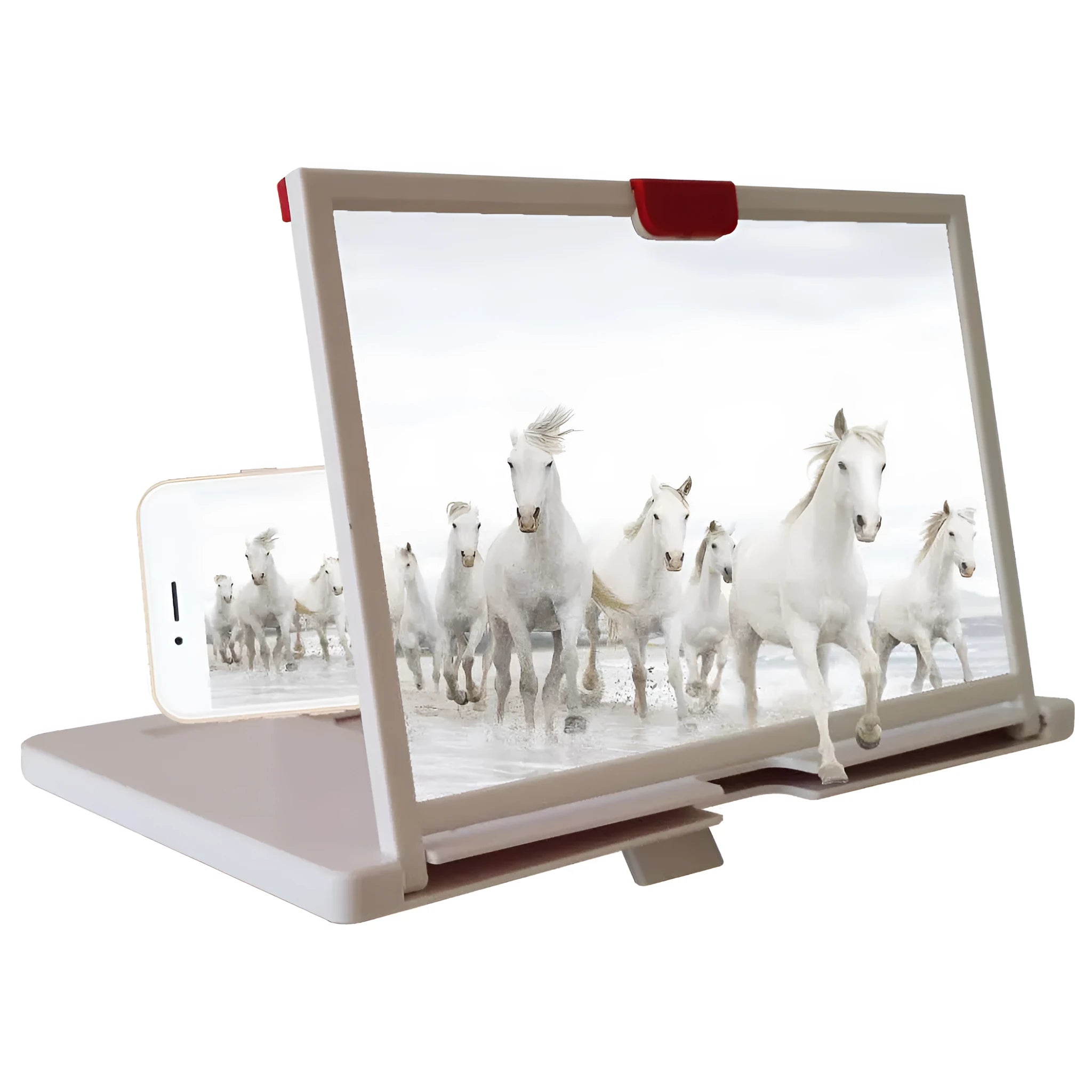 Red desktop mobile phone screen magnifier bracket showing phone placed under 10-inch anti-blue light magnifying glass.