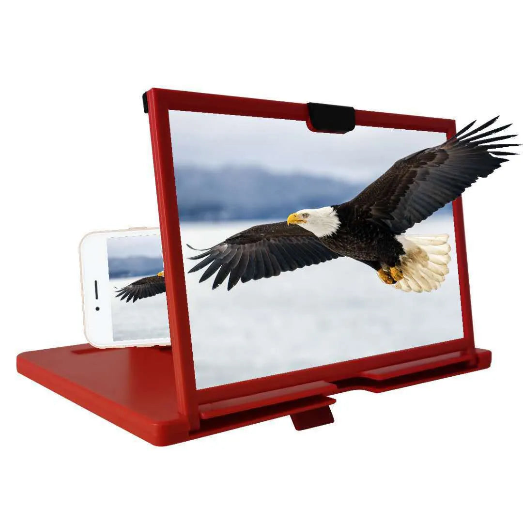 Red desktop mobile phone screen magnifier bracket showing phone placed under 10-inch anti-blue light magnifying glass.