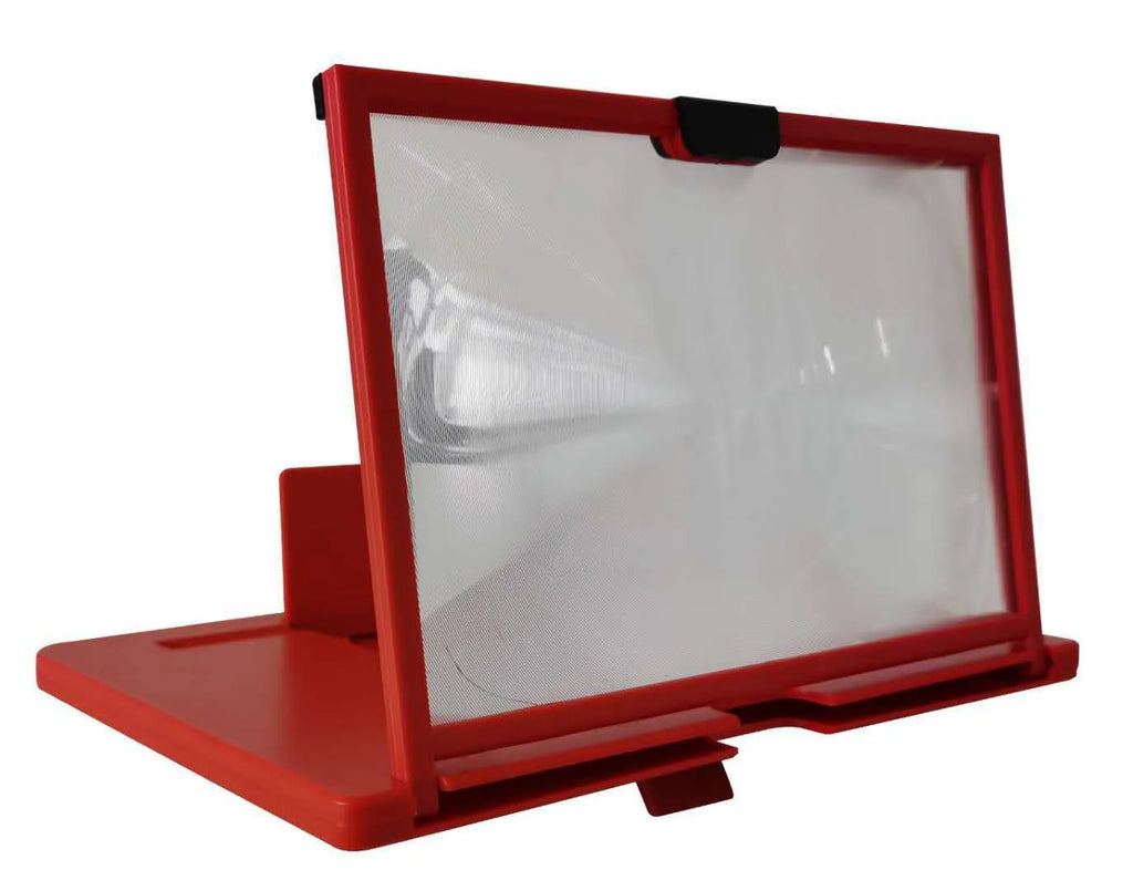 Red desktop mobile phone screen magnifier bracket showing phone placed under 10-inch anti-blue light magnifying glass.