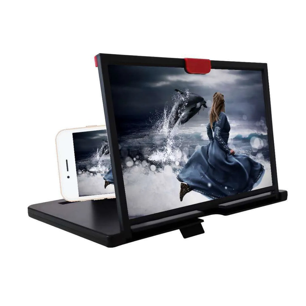 Red desktop mobile phone screen magnifier bracket showing phone placed under 10-inch anti-blue light magnifying glass.