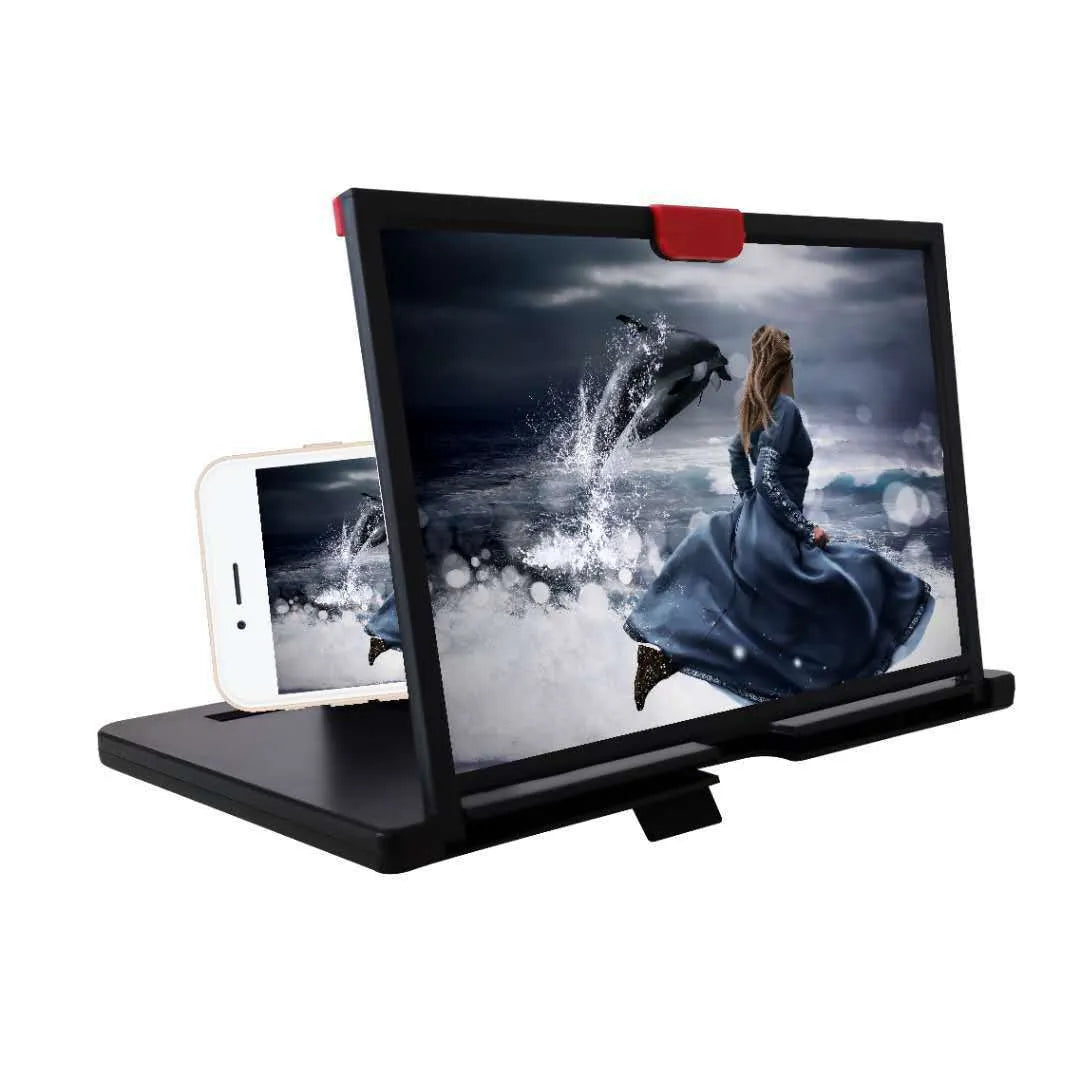 Red desktop mobile phone screen magnifier bracket showing phone placed under 10-inch anti-blue light magnifying glass.