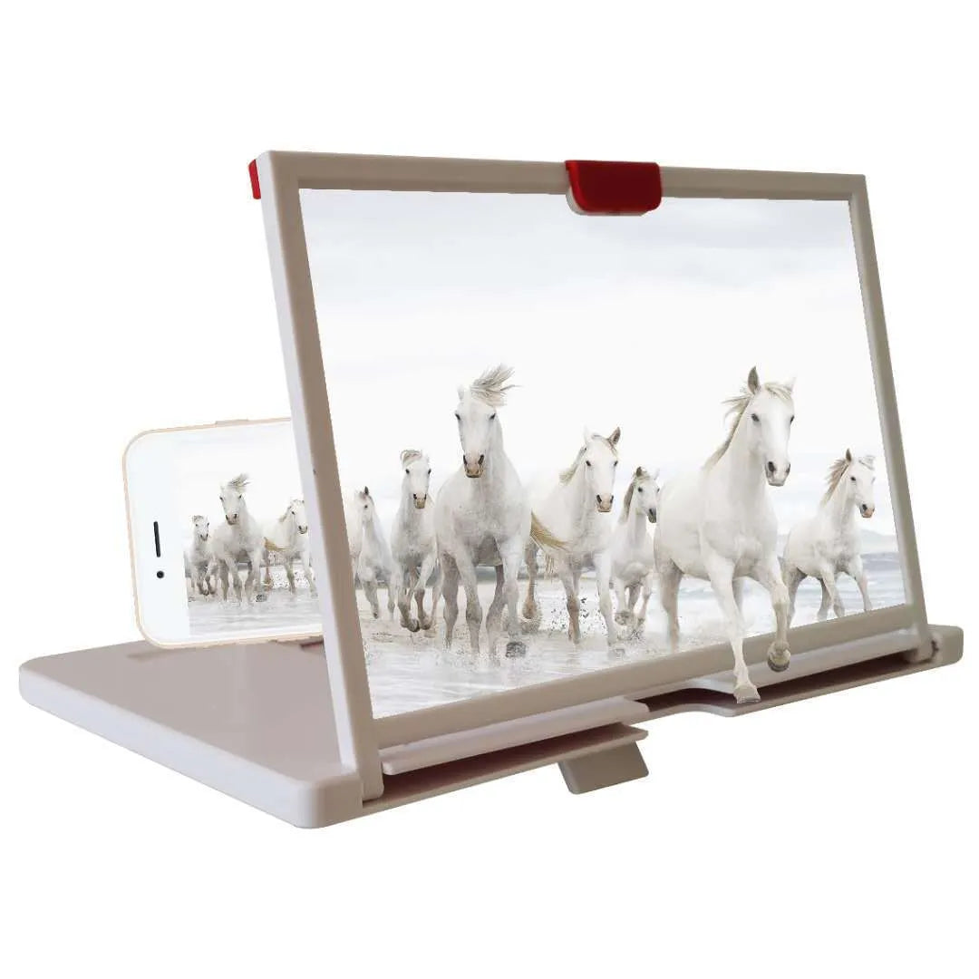 Red desktop mobile phone screen magnifier bracket showing phone placed under 10-inch anti-blue light magnifying glass.