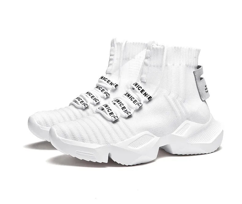 Men's black and white sports casual shoes showing mesh inside and extended sizing options