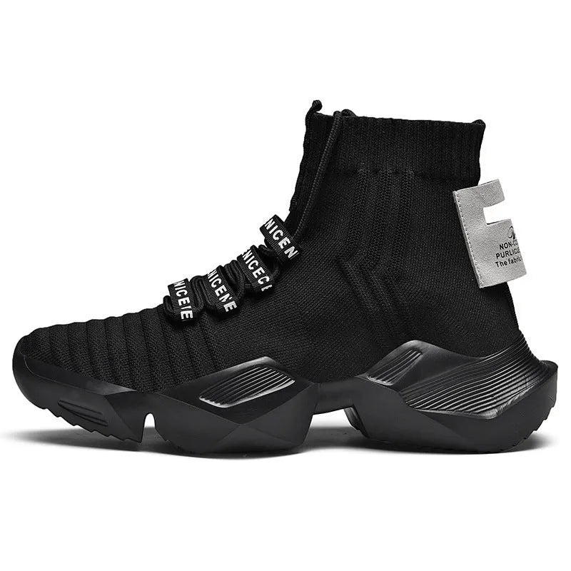 Men's black and white sports casual shoes showing mesh inside and extended sizing options