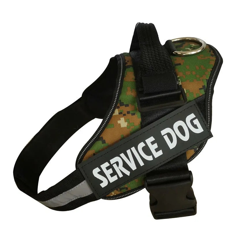 Adjustable reflective dog harness with handle and D-ring on blue background showing size chart