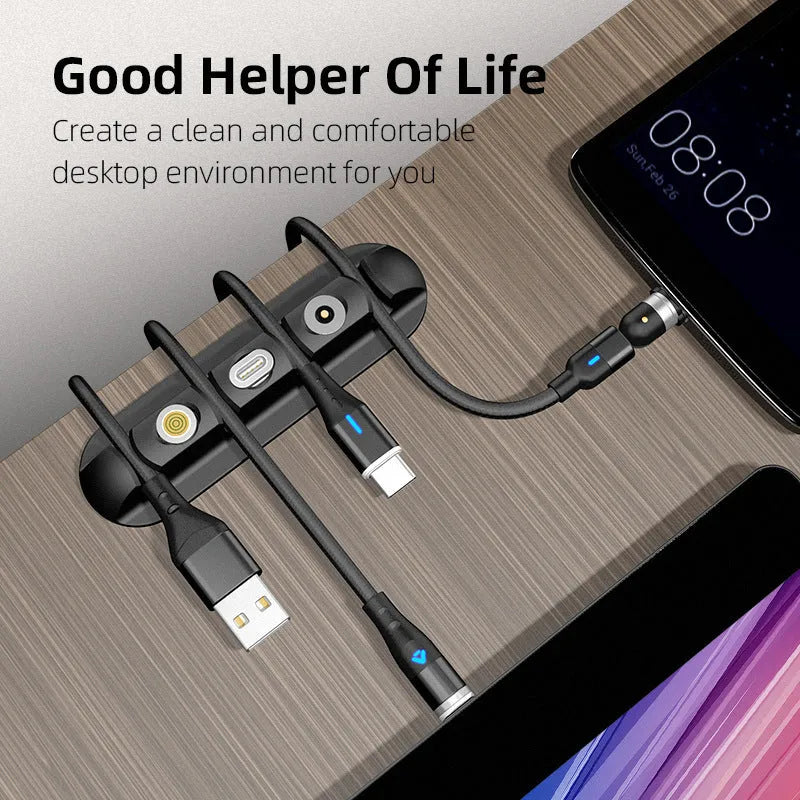 Black soft plastic desktop magnetic cable organiser for charging station cable management