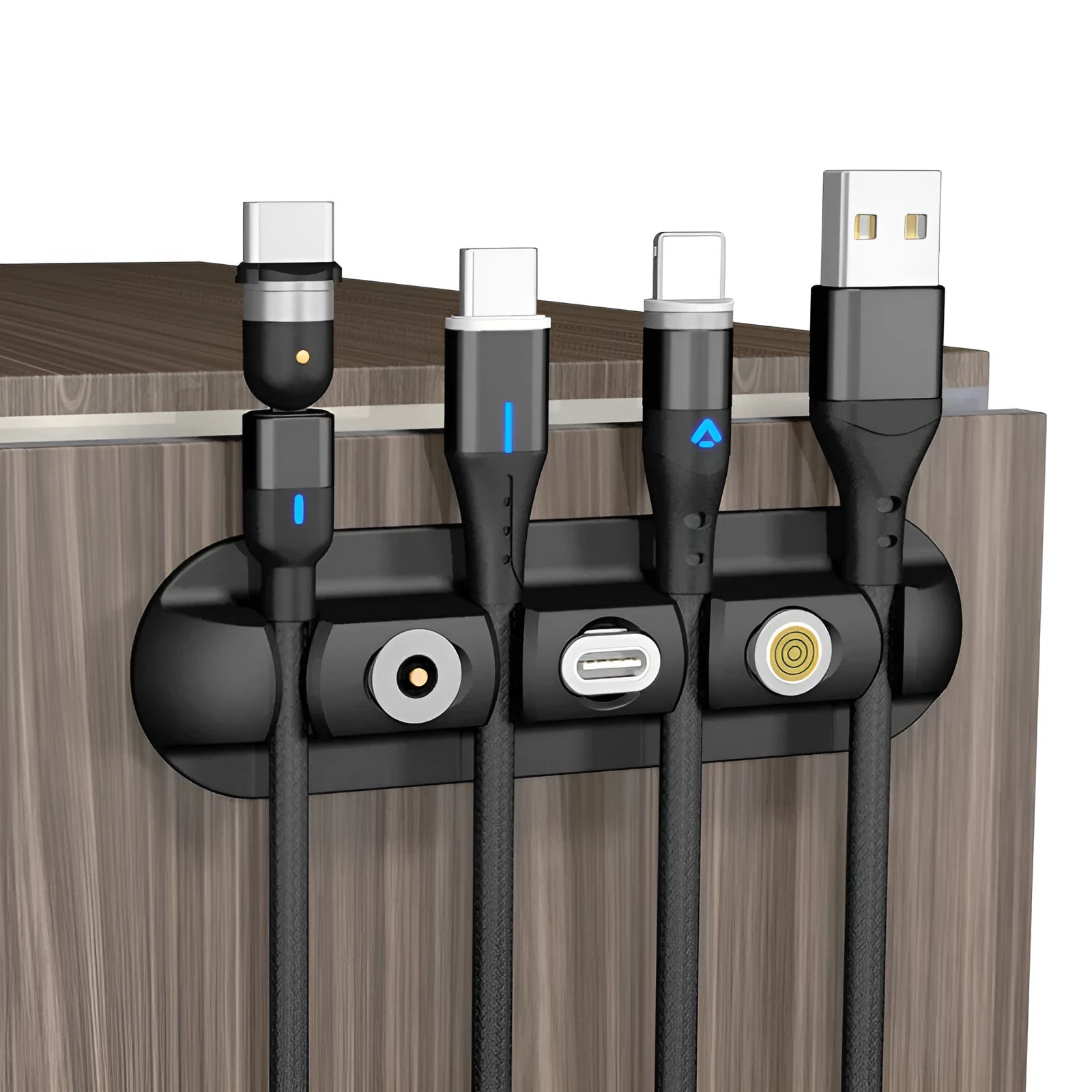 Black soft plastic desktop magnetic cable organiser for charging station cable management