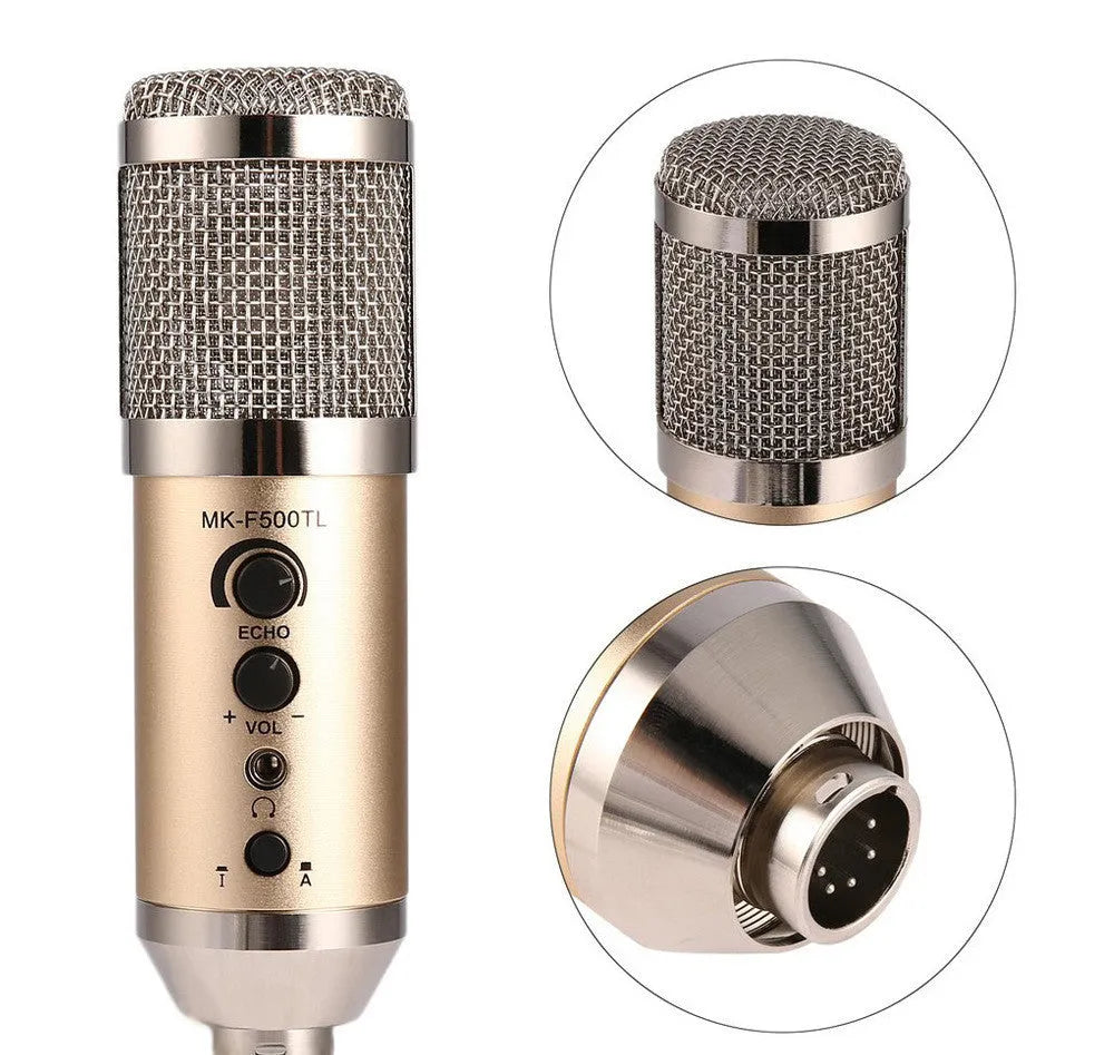 Gold wireless condenser microphone with built-in stand on a desk