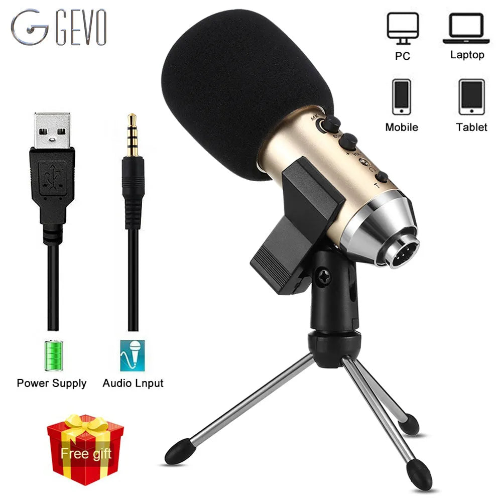 Gold wireless condenser microphone with built-in stand on a desk