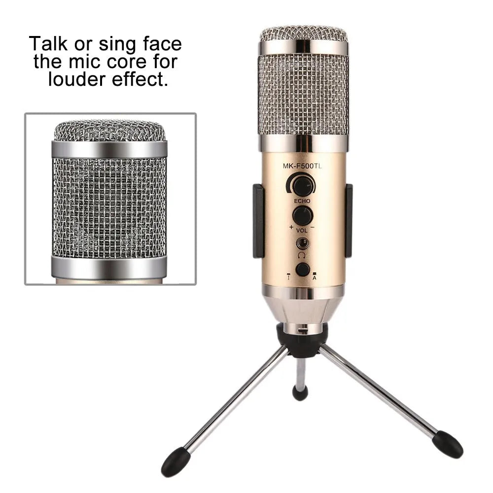 Gold wireless condenser microphone with built-in stand on a desk