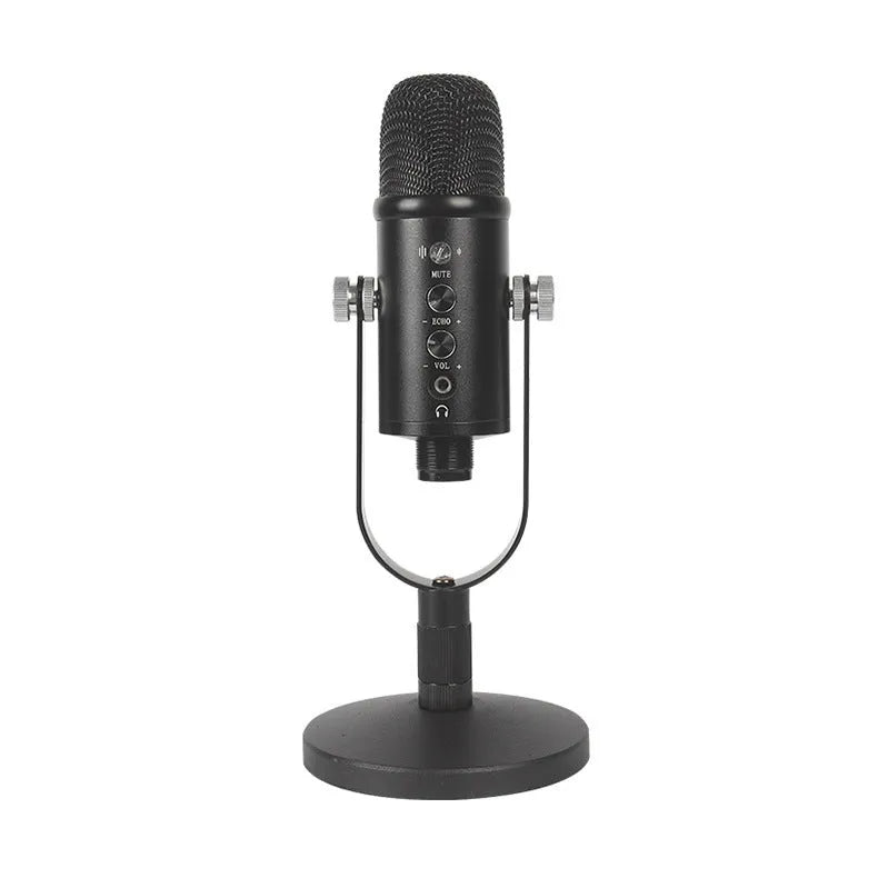 Black USB condenser microphone on metal stand with foam cover for desktop recording