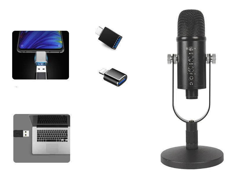 Black USB condenser microphone on metal stand with foam cover for desktop recording