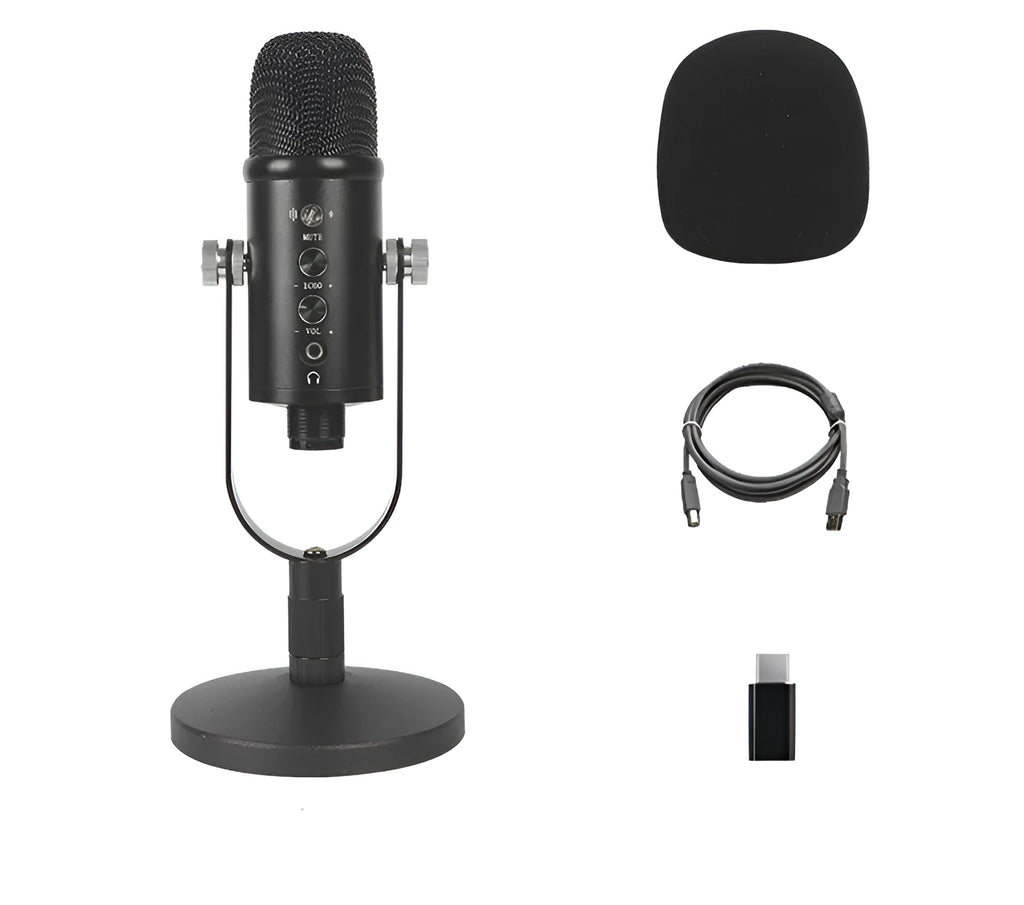 Black USB condenser microphone on metal stand with foam cover for desktop recording