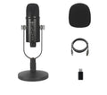 Black USB condenser microphone on metal stand with foam cover for desktop recording