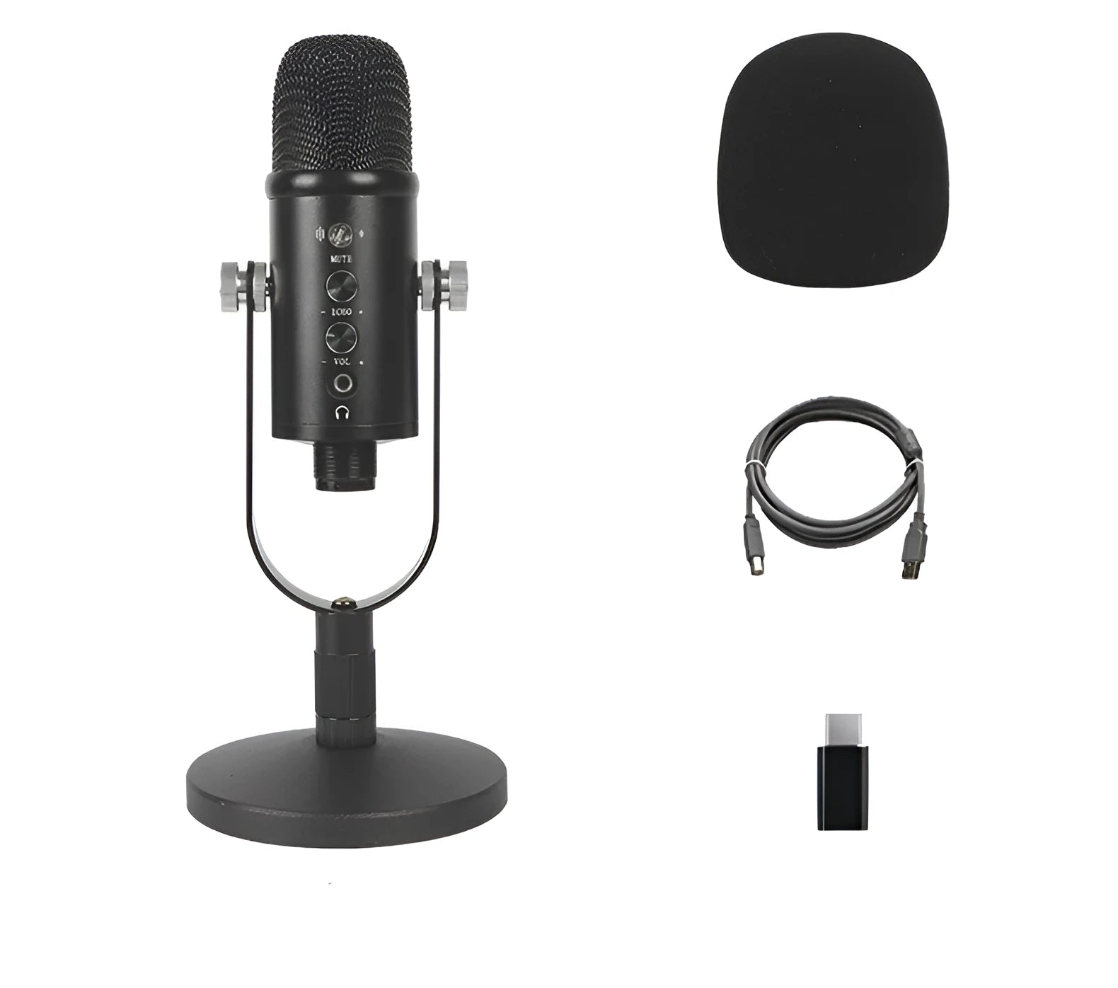 Black USB condenser microphone on metal stand with foam cover for desktop recording