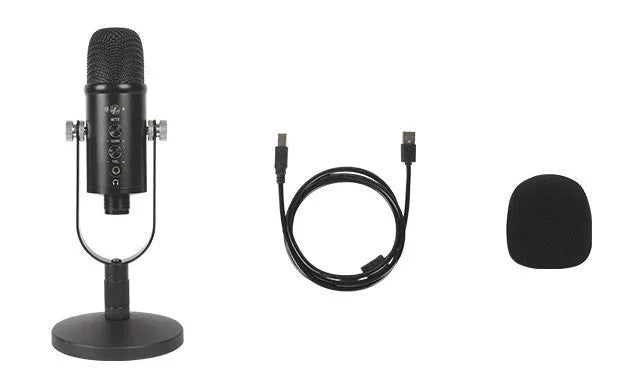 Black USB condenser microphone on metal stand with foam cover for desktop recording