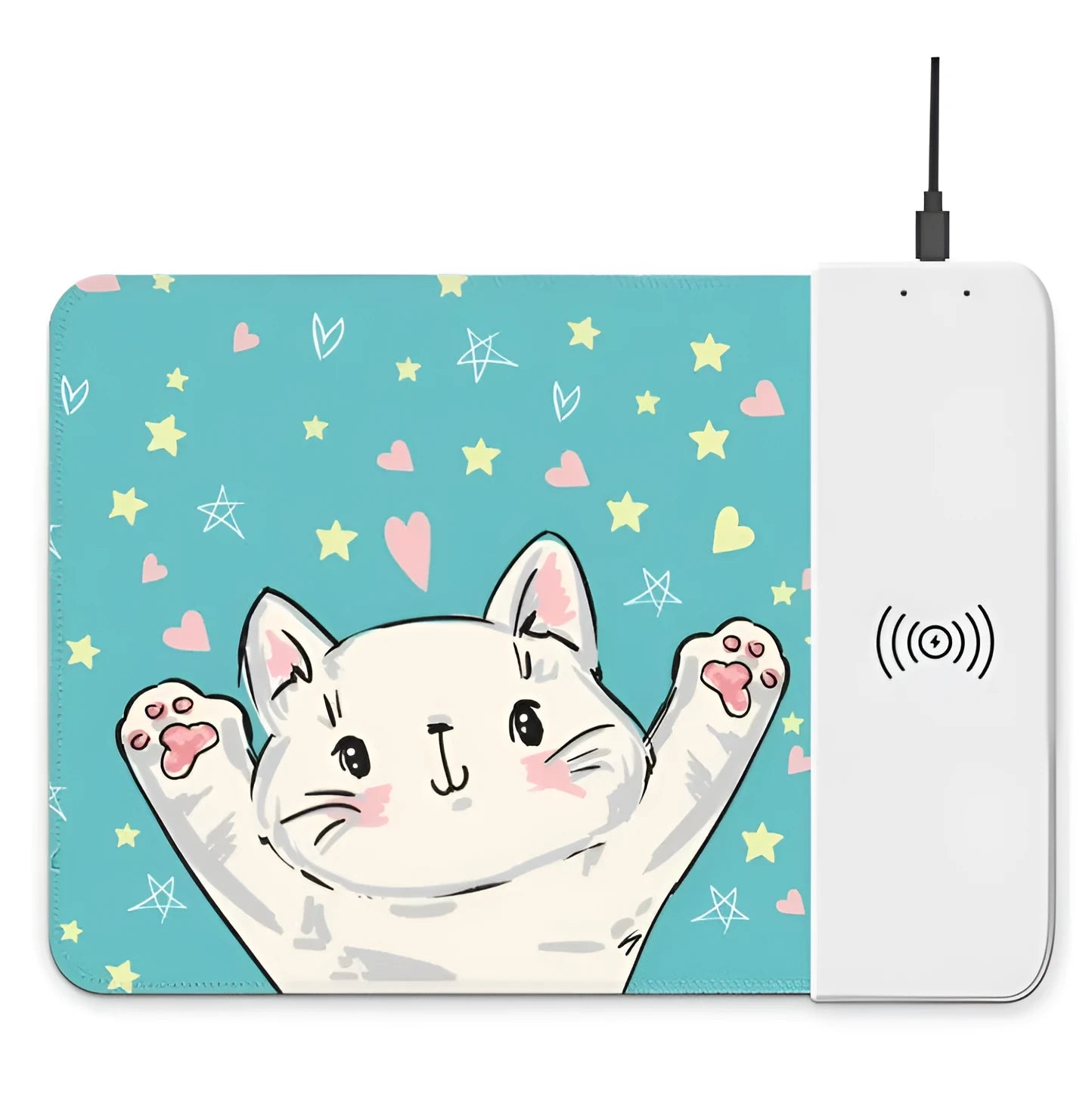 Black wireless charging mouse pad with RGB edge lighting and a white cartoon dot pattern on a desk.