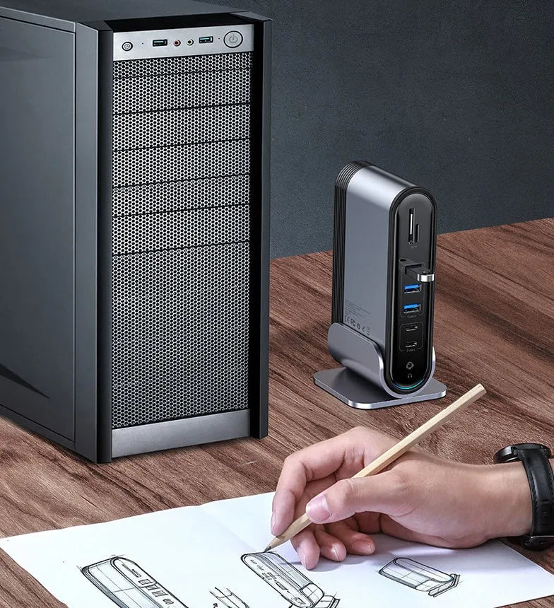Deep space grey 16-in-1 Type-C docking station with multiple interface ports and external power supply