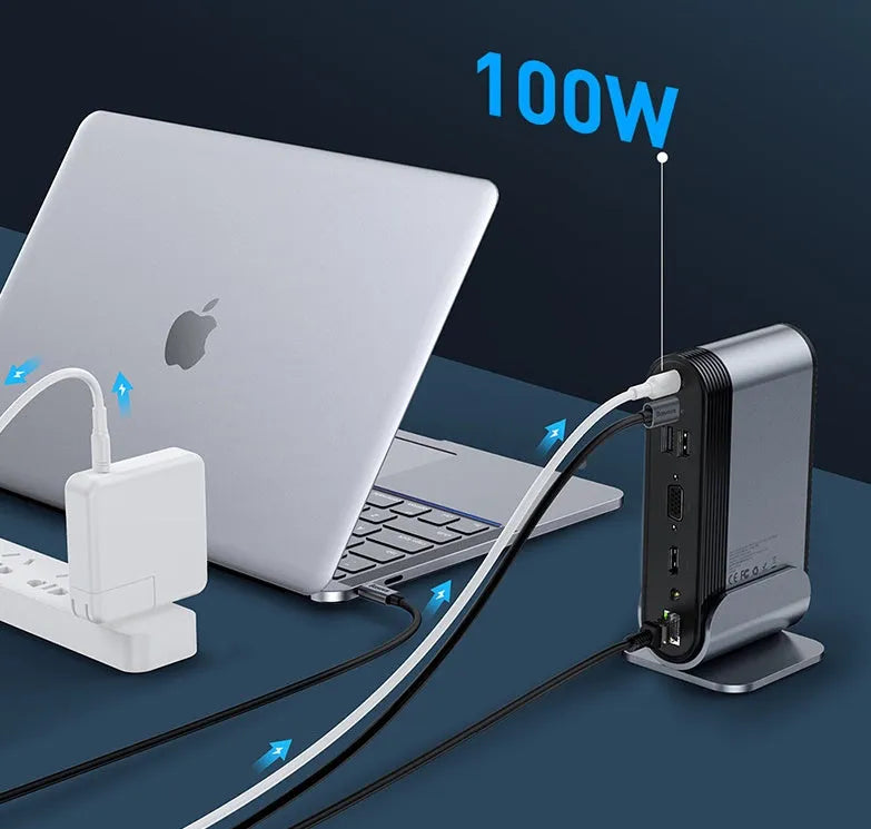 Deep space grey 16-in-1 Type-C docking station with multiple interface ports and external power supply