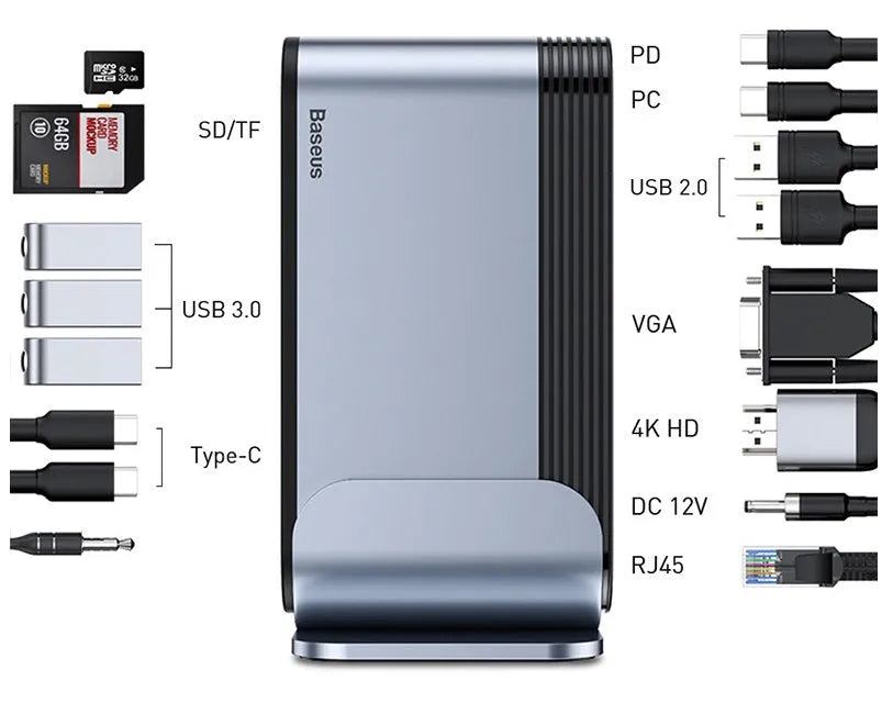 Deep space grey 16-in-1 Type-C docking station with multiple interface ports and external power supply