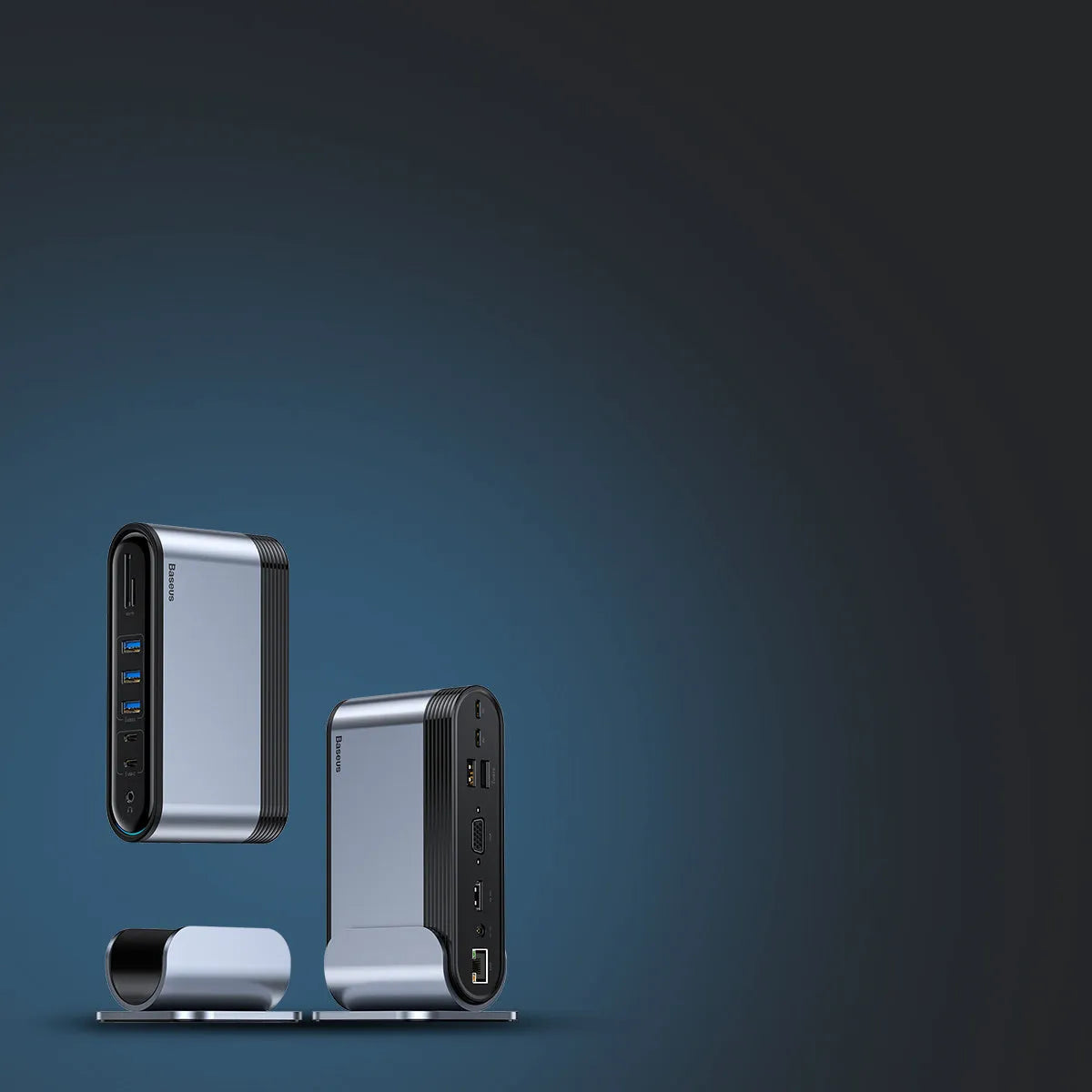 Deep space grey 16-in-1 Type-C docking station with multiple interface ports and external power supply