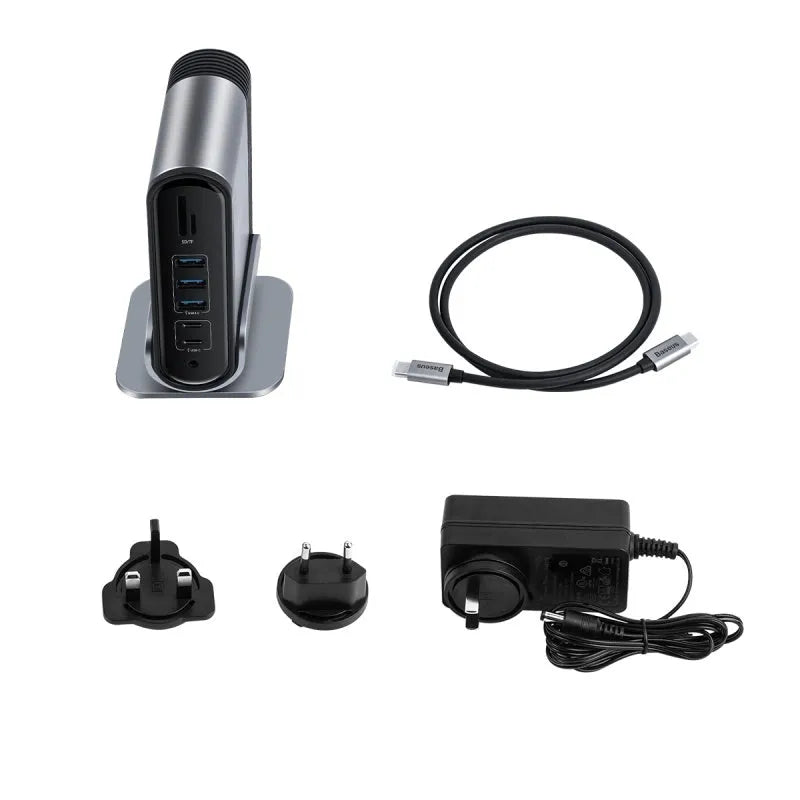 Deep space grey 16-in-1 Type-C docking station with multiple interface ports and external power supply