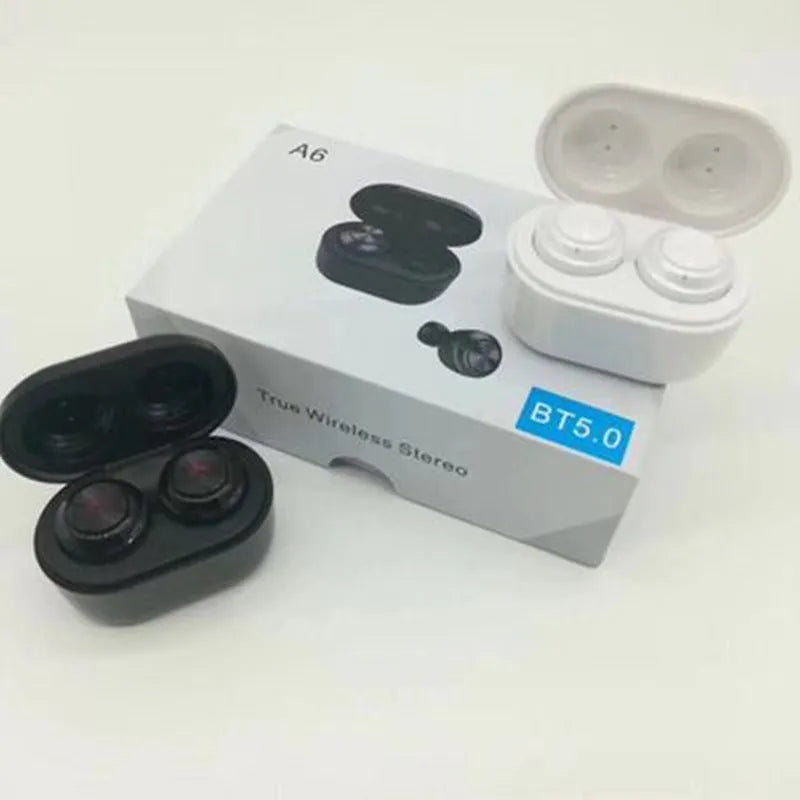 A6 TWS Bluetooth 5.0 headset earbuds in black and white with battery display feature