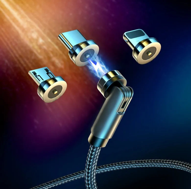Essager rotating magnetic USB charging cable with LED light in black, shown with Android and Type-C magnetic tips.