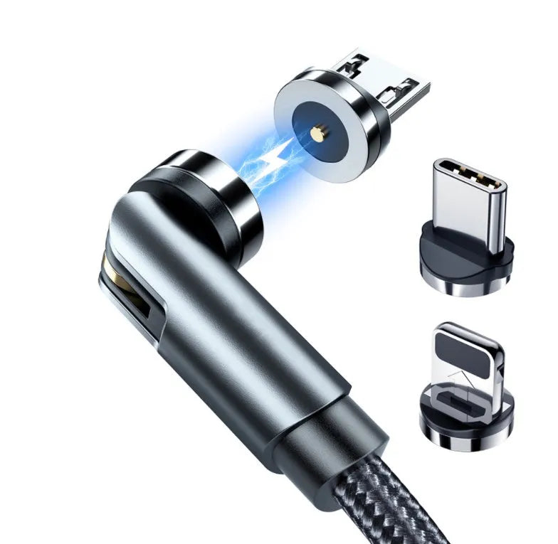 Essager rotating magnetic USB charging cable with LED light in black, shown with Android and Type-C magnetic tips.