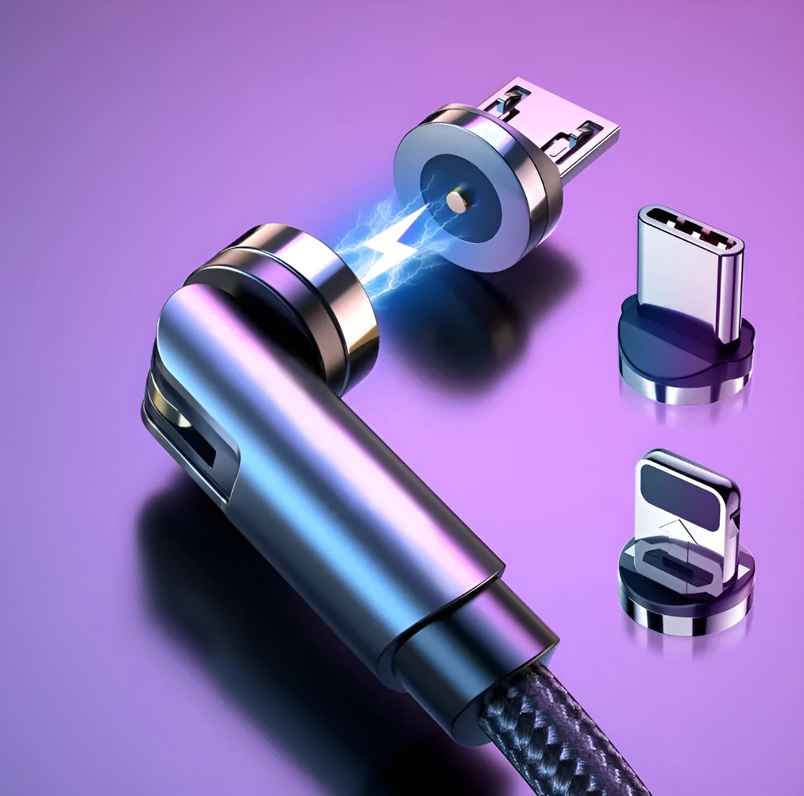 Essager rotating magnetic USB charging cable with LED light in black, shown with Android and Type-C magnetic tips.