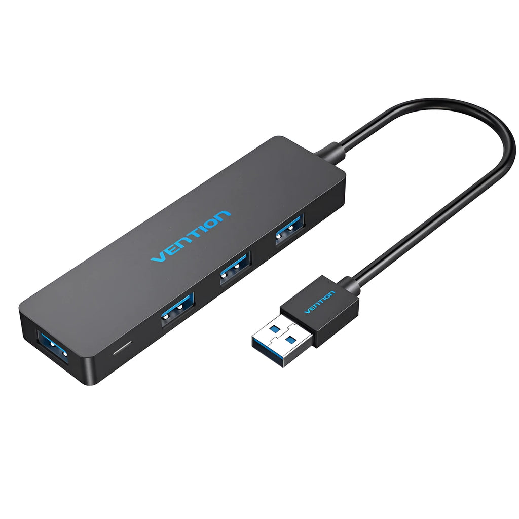 Black four-port USB 3.0 hub with 0.15 metre cable showing nickel-plated interfaces
