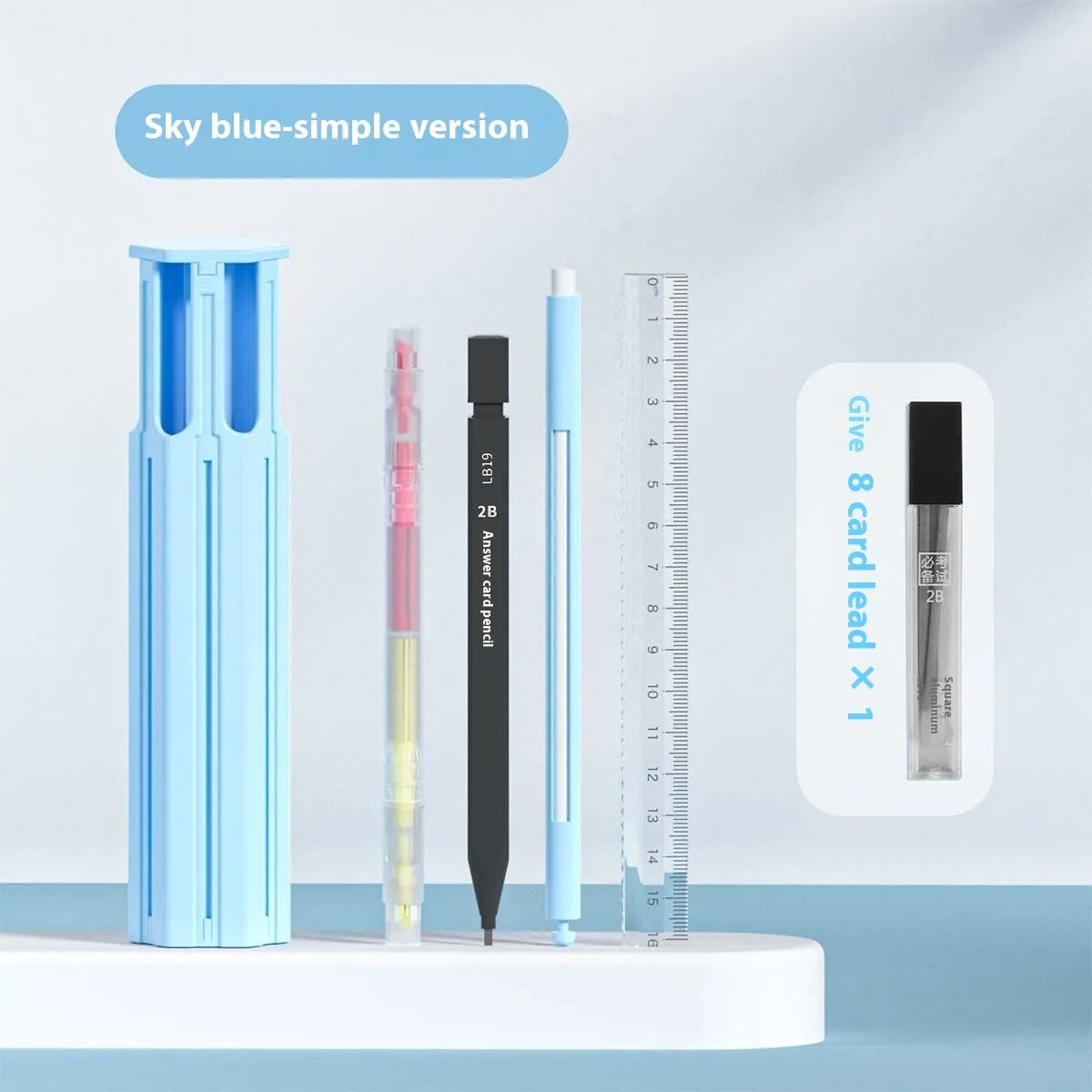 Plastic pencil case designed to hold six pens, shown in sky blue, white, and pink colour options.