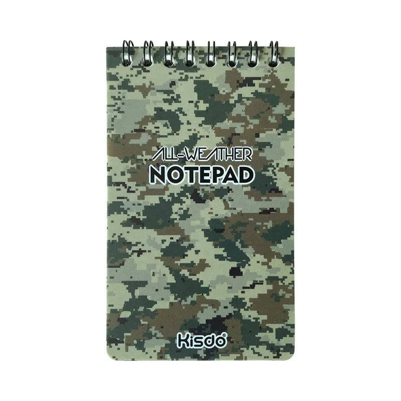 Spiral-bound waterproof notepad with polypropylene cover, open to show stone paper pages, in camouflage colour option.