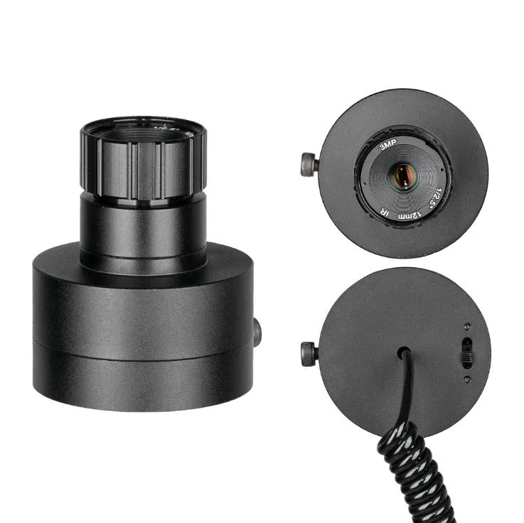Black digital night vision goggles with large objective lenses and a 5 inch LCD screen on the front.